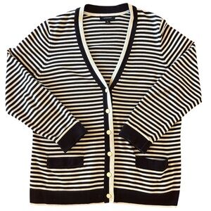 Lands’ End Navy White Stripe Cardigan Nautical Coastal Grandma XL Old Money